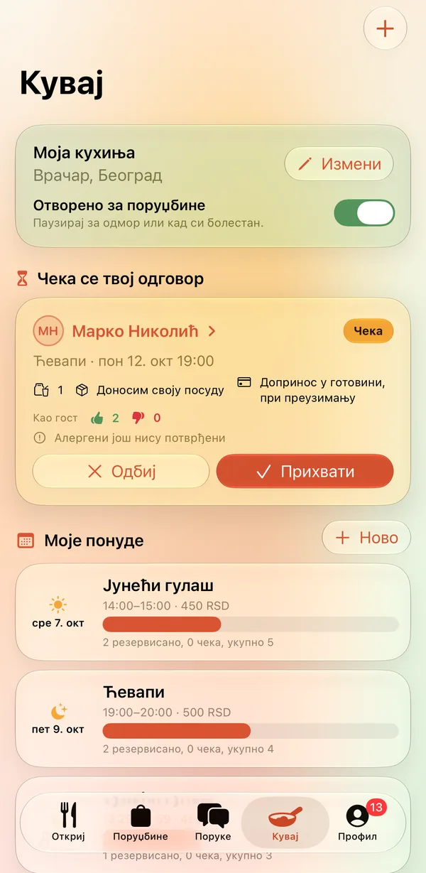 Картица Кувај у апликацији Кувајмо: кухиња прима резервације, резервација која чека одговор са дугмадима за одбијање и прихватање и понуде кувара.