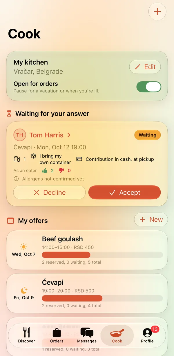 The Cook tab of the Kuvajmo app: the kitchen open for orders, an order waiting for an answer with Decline and Accept buttons, and the cook’s offers.