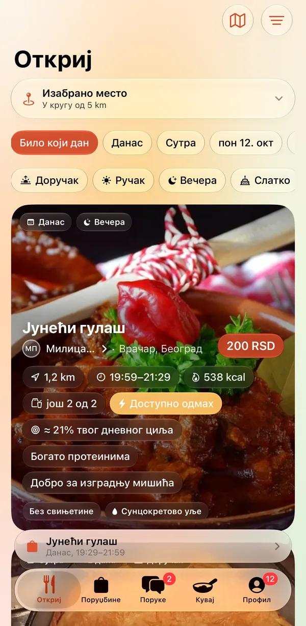 Екран за проналажење хране у апликацији Кувајмо: филтери за дан и оброк и картица са домаћим јунећим гулашом који се дели у близини, са удаљеношћу и временом преузимања.
